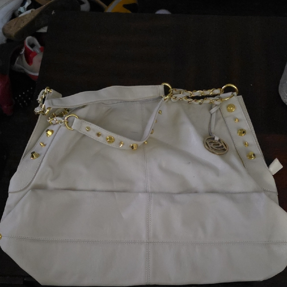 bebe White Shoulder Bag with Gold Details
